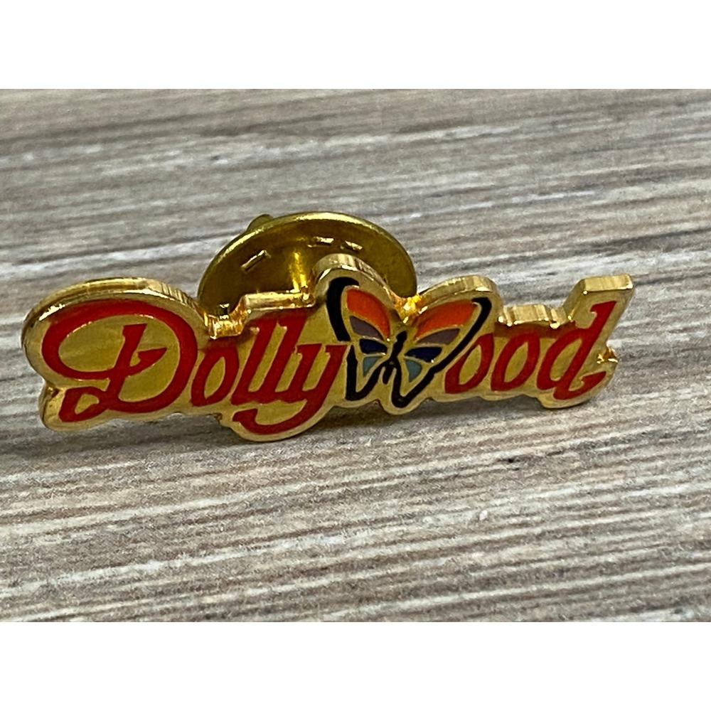 Vintage Dollywood Logo Enamel Lapel Pin Gold Tone Butterfly Souvenir Tennessee